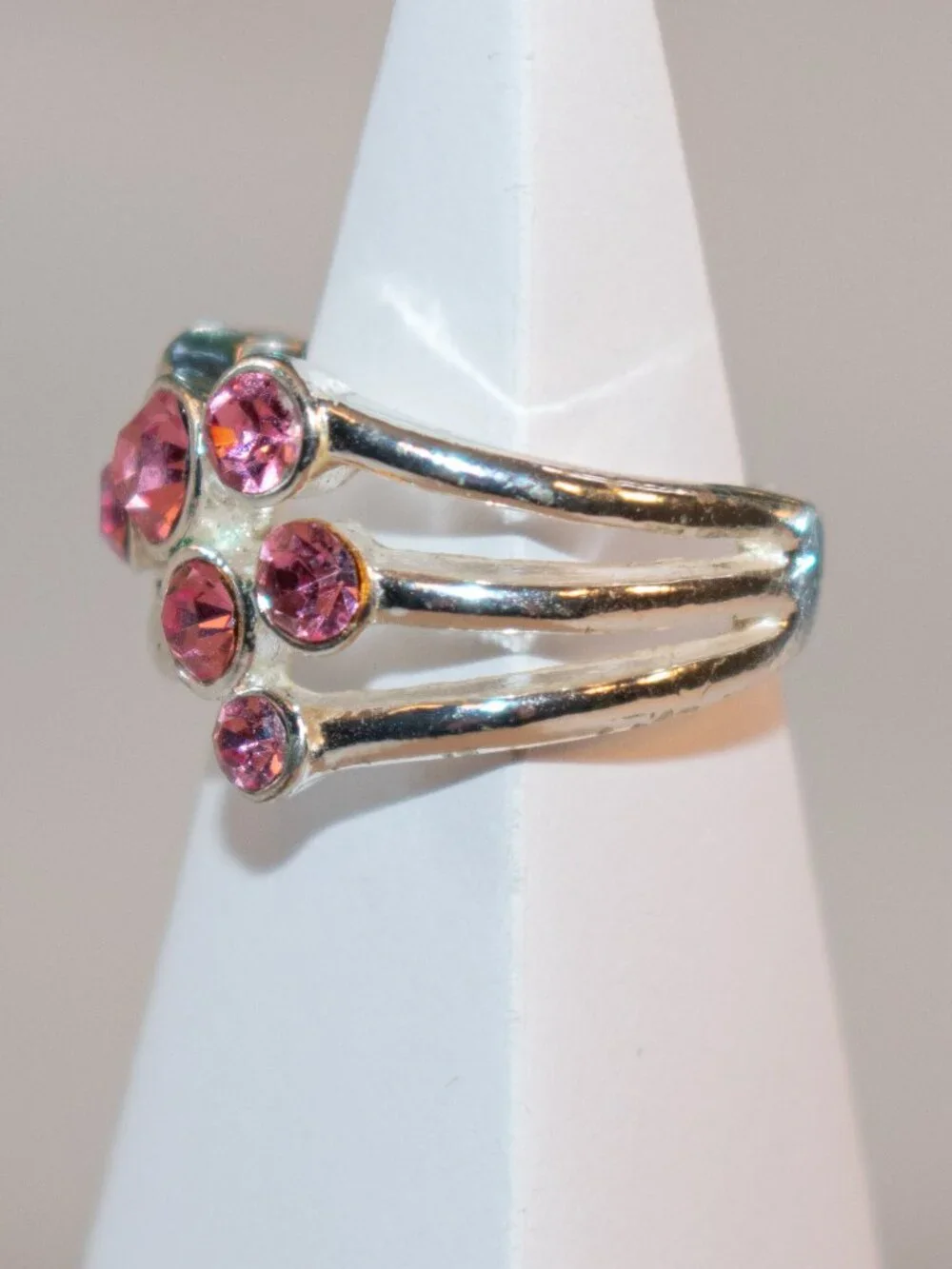 Silver Tone Cluster Ring with Pink Stones US 7